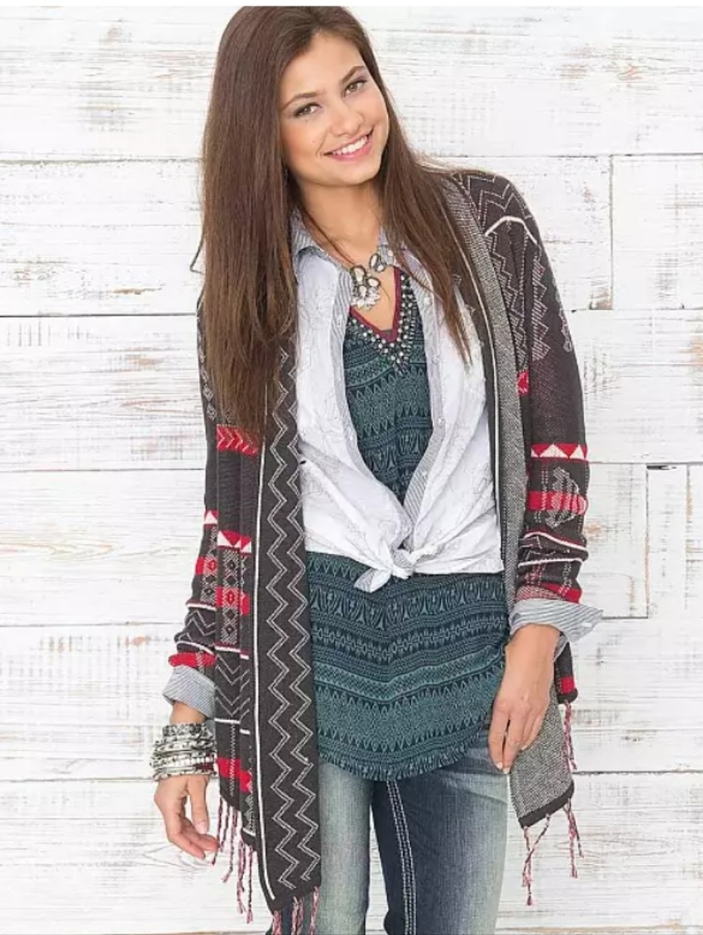 Billabong Designers Closet Milena Cardigan Sweater Western Pattern Fringe Size L